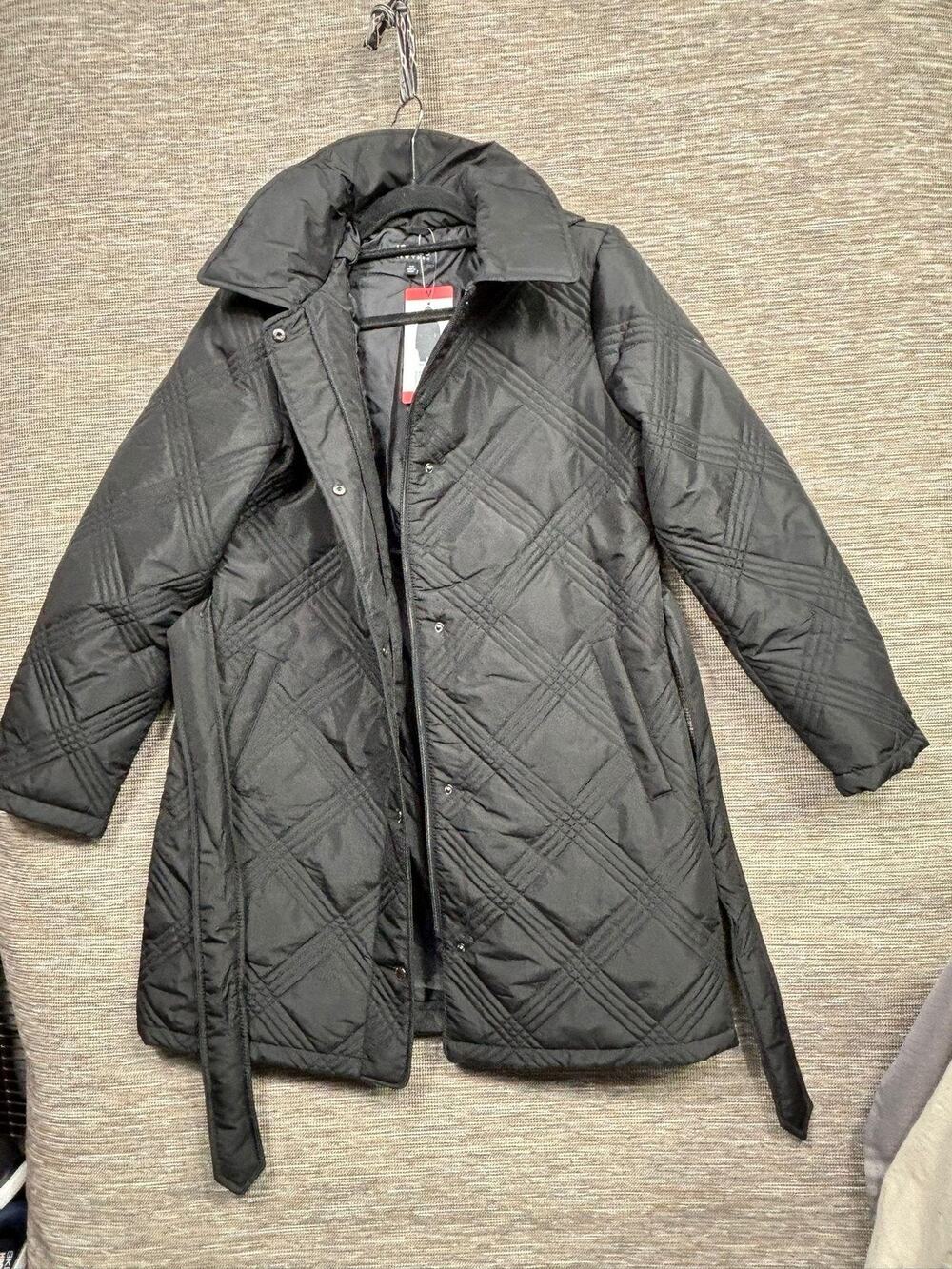 Jones New York Coat Womens Medium Black Quilted Belted Hooded Puffer Zip